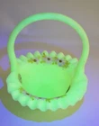 FENTON Crimped Ruffle Satin Custard Basket Uranium Signed White Daisies