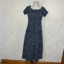 NWT Zara Tweed Midi Dress Gemstone Buttons Navy Blue Black Size XS