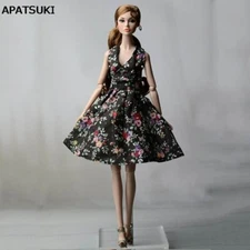 Black Flower Countryside Floral Dress For 11.5" Doll Clothes Evening Dresses 1/6