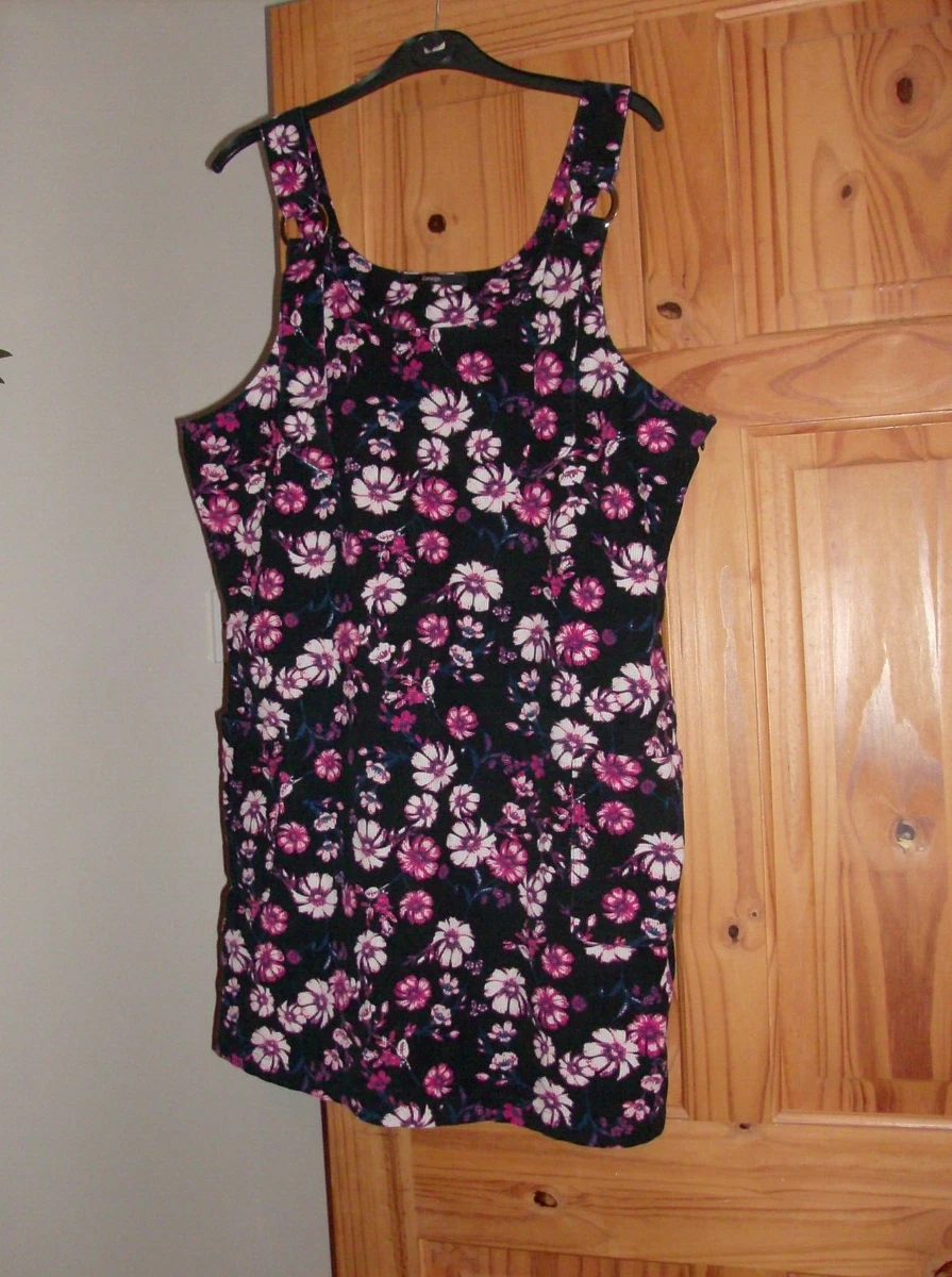 George Asda Ladies Black Pink Floral Corduroy Pinafore Dress UK Size 14 New