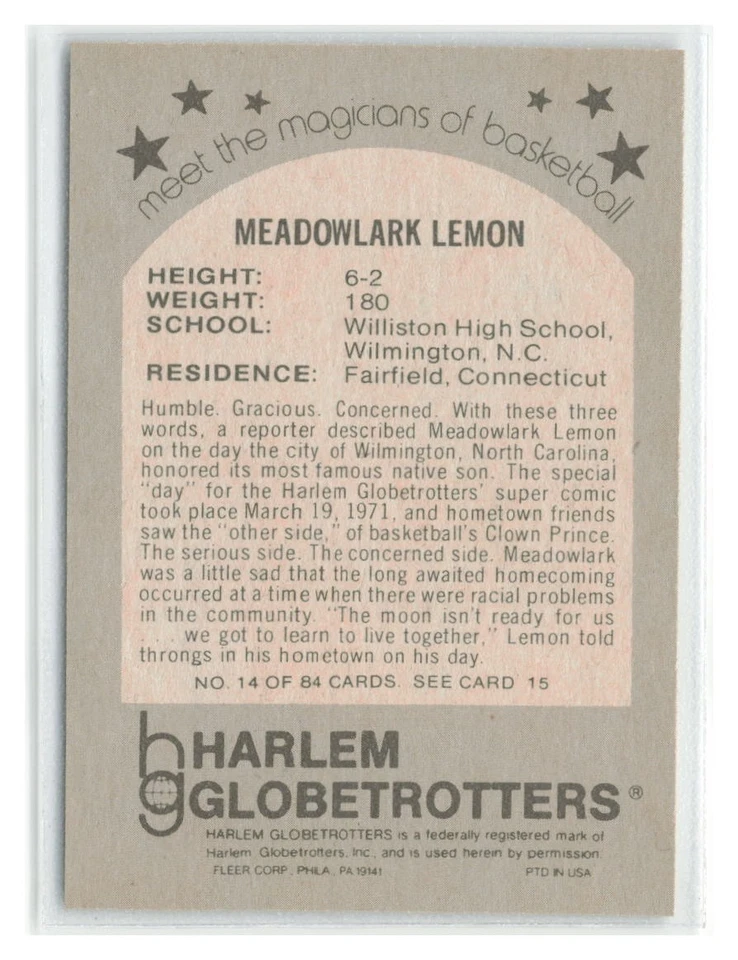 Meadowlark Lemon 1971 Fleer Harlem Globetrotters #14-Harlem Globetrotters - Image 2 of 2