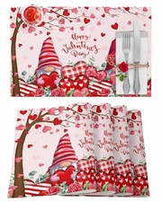 Placemats Set of 4 Happy Valentine's Day Placemats Washable Cloth Pink Gnomes