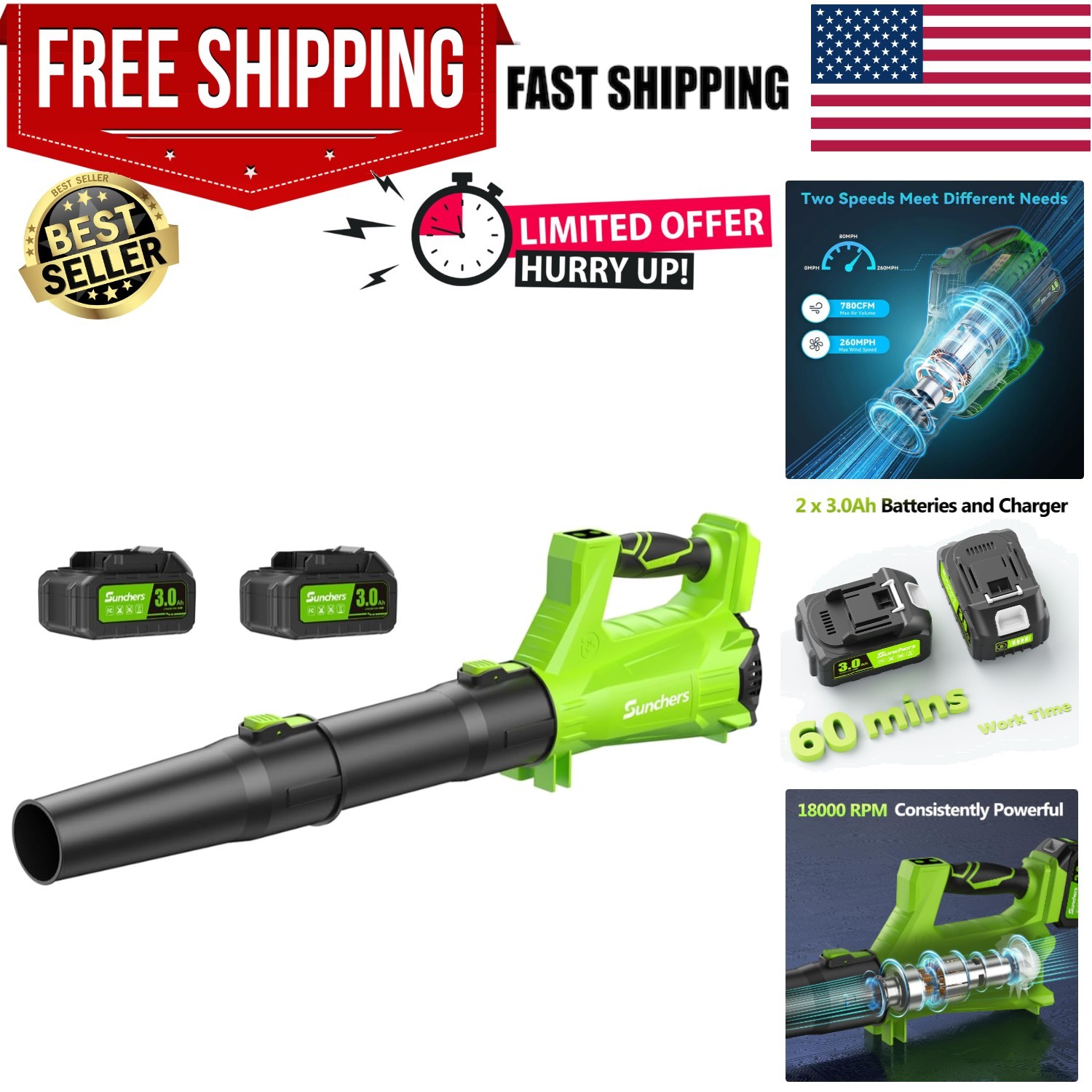 Cordless With 2 X 3.0ah Battery And Charger, 780cfm 260mph E
