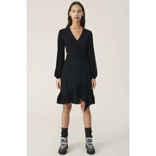 GANNI Black Dot Mesh Wrap Dress Long Sleeve Ruffle Asymmetric Size 38