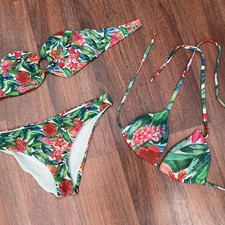 Primark Green Pink Tropical Floral Print Bikini Set Top Size M & Bottoms L 12/14
