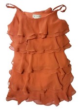 Papillon Coral Orange Tiered Ruffle Dress Women M Medium Straps Above Knee Frill