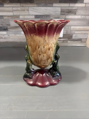 Vintage Hull USA 108 Woodland Vase Burgundy Brown Beige Green Drip Glaze Finish