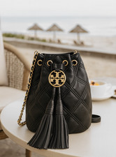 Tory Burch Soft Fleming Black Leather Mini Drawstring Bucket Bag/Crossbody Bag