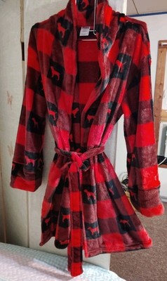Victoria s Secret Pink Buffalo Plaid Dog Logo Plush Bath Robe Black Red Sz M/L 