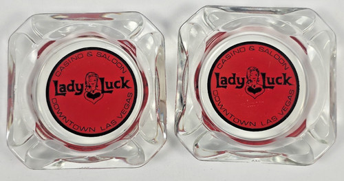 2 Lady Luck Downtown Las Vegas Advertising Glass Casino & Saloon Ashtrays 3.5"