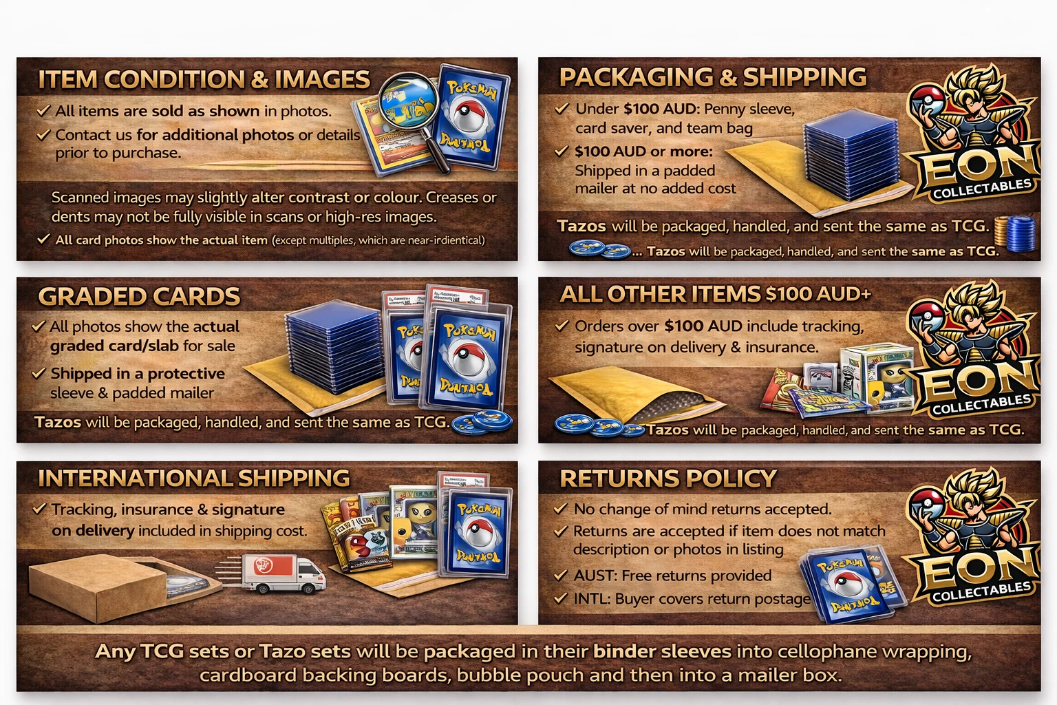 EON Collectables store policies and packaging guide