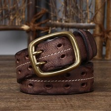 Double Pin Leather Belt Unisex Italian 3.8mm thick Handmade Solid Bras Buckle-