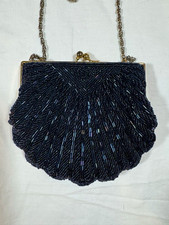 Vintage La Regale Black Beaded Evening Bag Scalloped Shell Art Deco Convertible