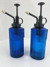 NWT Lot Of (2) Blue Fluted Glass Plant Misters Black Top Indoor Plant Watering
