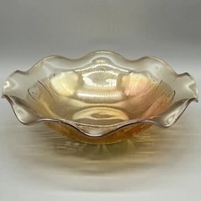 Vintage Jeanette Iris and Herringbone Scalloped Iridescent Carnival Glass Bowl