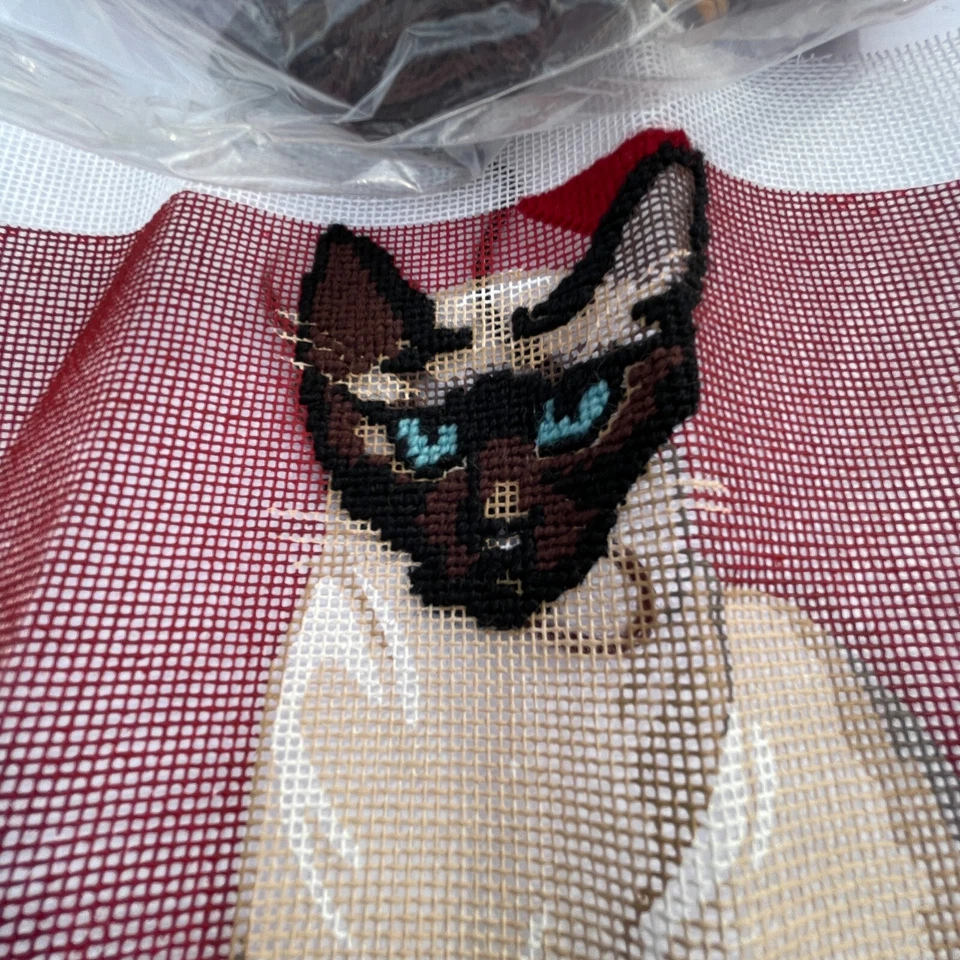 Vintage Needlepoint Canvas Pattern Siamese Cat Unfinished With Wool 11.5 x 11.5 - Image 4 of 4