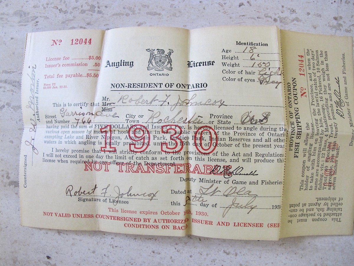 1930 Permis de pêche à la pêche Ontario Canada NON-RÉSIDENT Canadien
