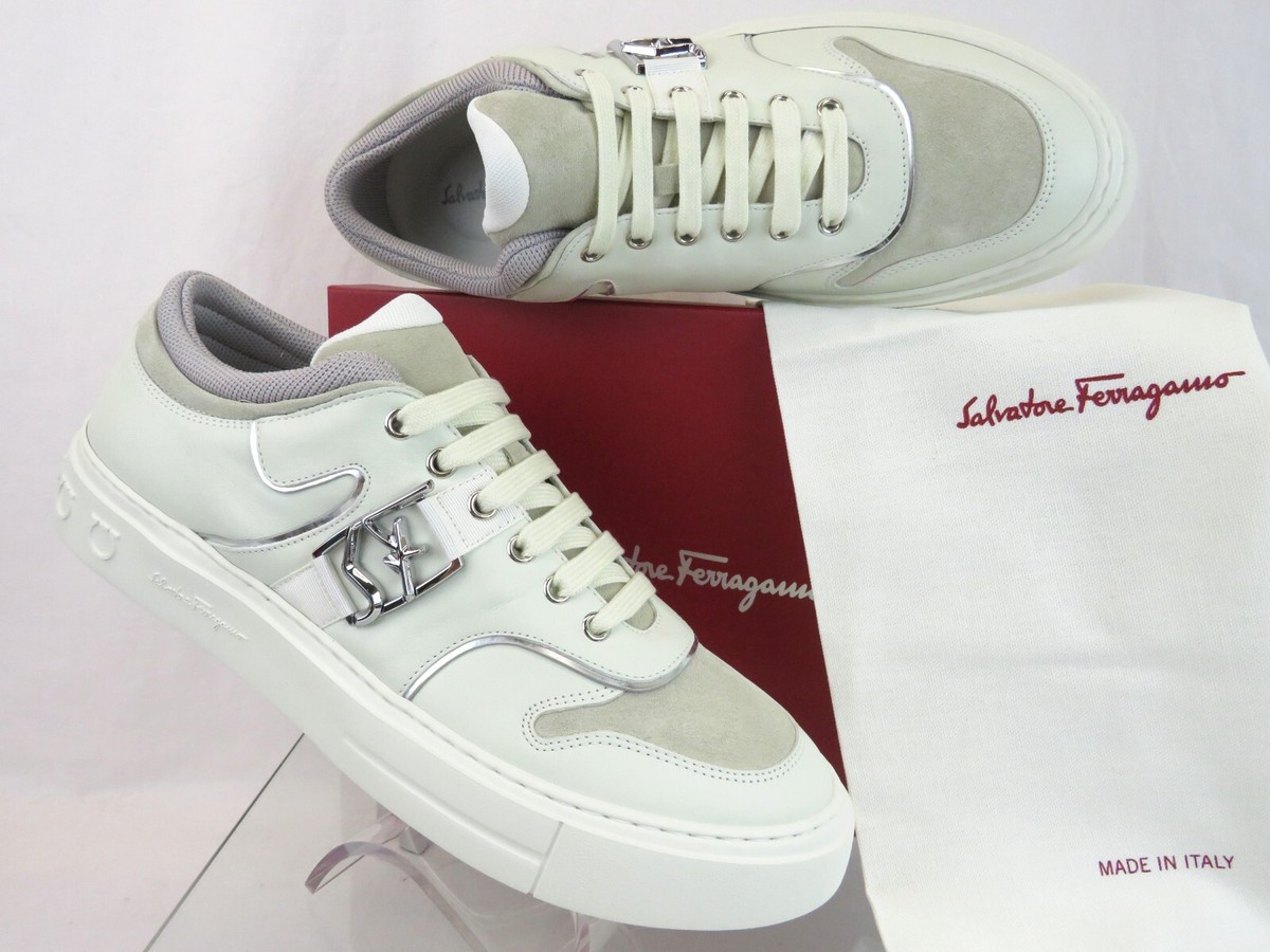 FERRAGAMO★素敵!NORISホワイトレザーSFロゴスニーカー $795 FERRAGAMO NORIS WHITE LEATHER BEIGE SUEDE SF LOGO