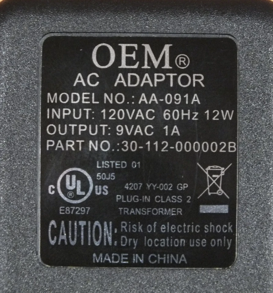 Genuine/OEM (AA-091A) 9VAC 1A AC Adaptor Power Supply (P/N: 30-112-000002B) READ - Image 2 of 3