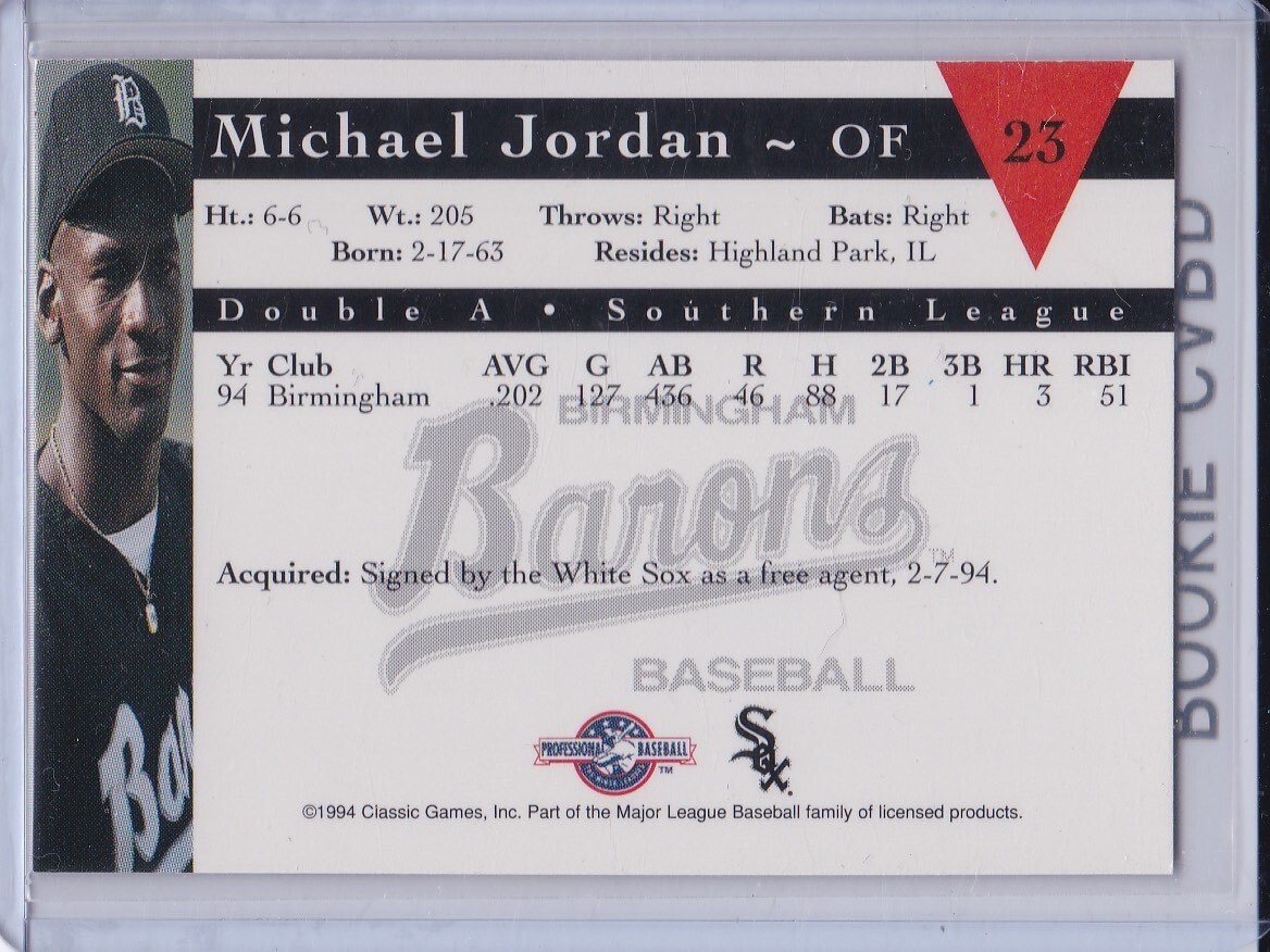 MICHAEL JORDAN ROOKIE CARD 1994 Classic RARE BARONS BASEBALL RC