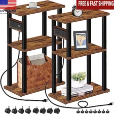Slim End Table Set 2 W/USB Ports &Wheels Small Spaces Brown Nightstand Organizer