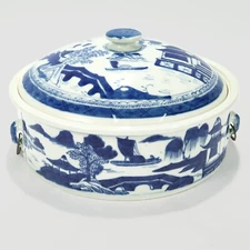 Old Round Blue & White Canton Chinese Export Porcelain Covered Tureen/Vegetable