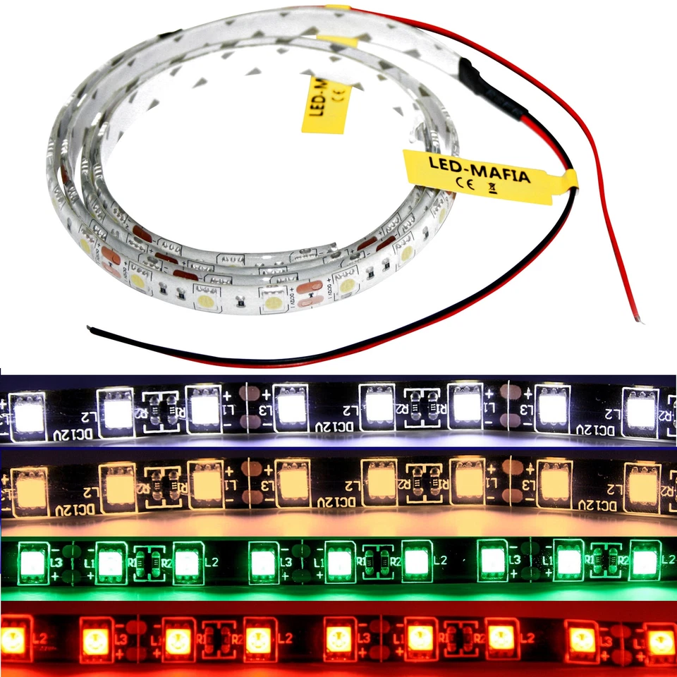 LED Strip Streifen 12V 24V - 30 50cm 1m 2m 10m - rot blau weiß Kabel Beleuchtung - Bild 1 von 1