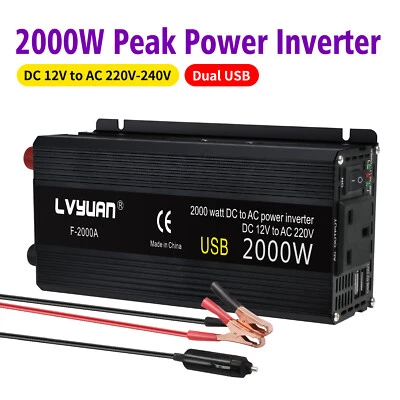 LVYUAN Convertidor de potencia máxima para automóvil 2000 W de 12 V a 240 V con 2 USB camping negro
