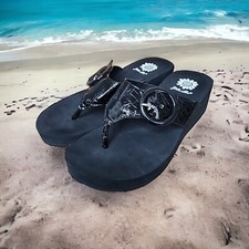 Yellow Box Selina Size 8 Patent Straps w Buckle Black Foam Wedge Sandals Shoes