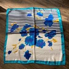 New Silky Satin Stripe Blue White Yellow Floral Square Neck Scarf