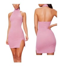 Pretty Little Thing Rose Pink High Neck Split Detail Bodycon Dress Size 8