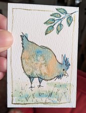 Blue and Peach Pastel Chicken Watercolor ACEO original artwork