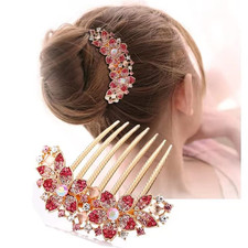Crystal Inlaid French Flower Hair Comb Sparkly Rhinestone Gem Side Combs Long Te