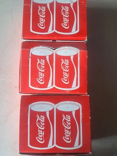 LOT OF 3 SETS VINTAGE COCA-COLA Salt & Pepper Shakers Tin metal cans in boxes