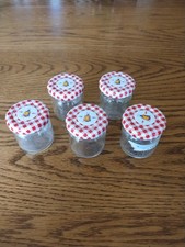 Lot 5 Bonne Maman Style Mini Glass Jelly Jars Lids French Dutch Lady Woman Churn