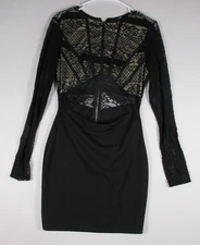 Fashion Nova Womens Lace-Up Bodycon Dress Back Zip Long Sleeve Size L Black