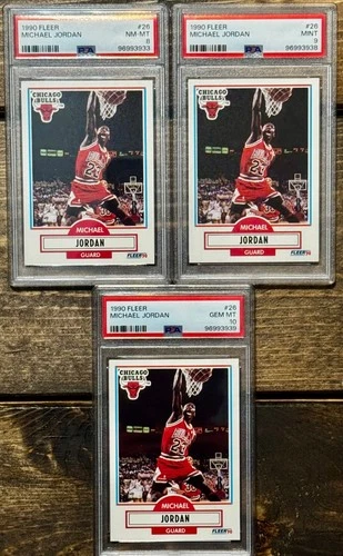 MICHAEL JORDAN 1990-91 FLEER #26. 3 CARD LOT. PSA 10 GEM MINT, PSA 9 MINT, PSA 8