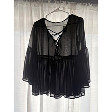 Show Me Your Mumu Poet Tie Top Black Sheer Lace Up Bell Sleeve MF6-344BL24 Small