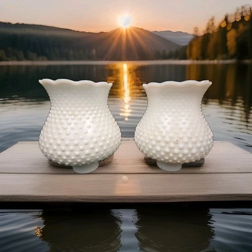 2 White Hobnail Milk Glass Lamp Tulip Shade 1-5/8" Fitter Scalloped 5.5"H