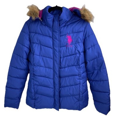 U.S. Polo Assn. Puffer Jacket Size XL Blue Hooded Faux Fur Trim Zip Snap Close