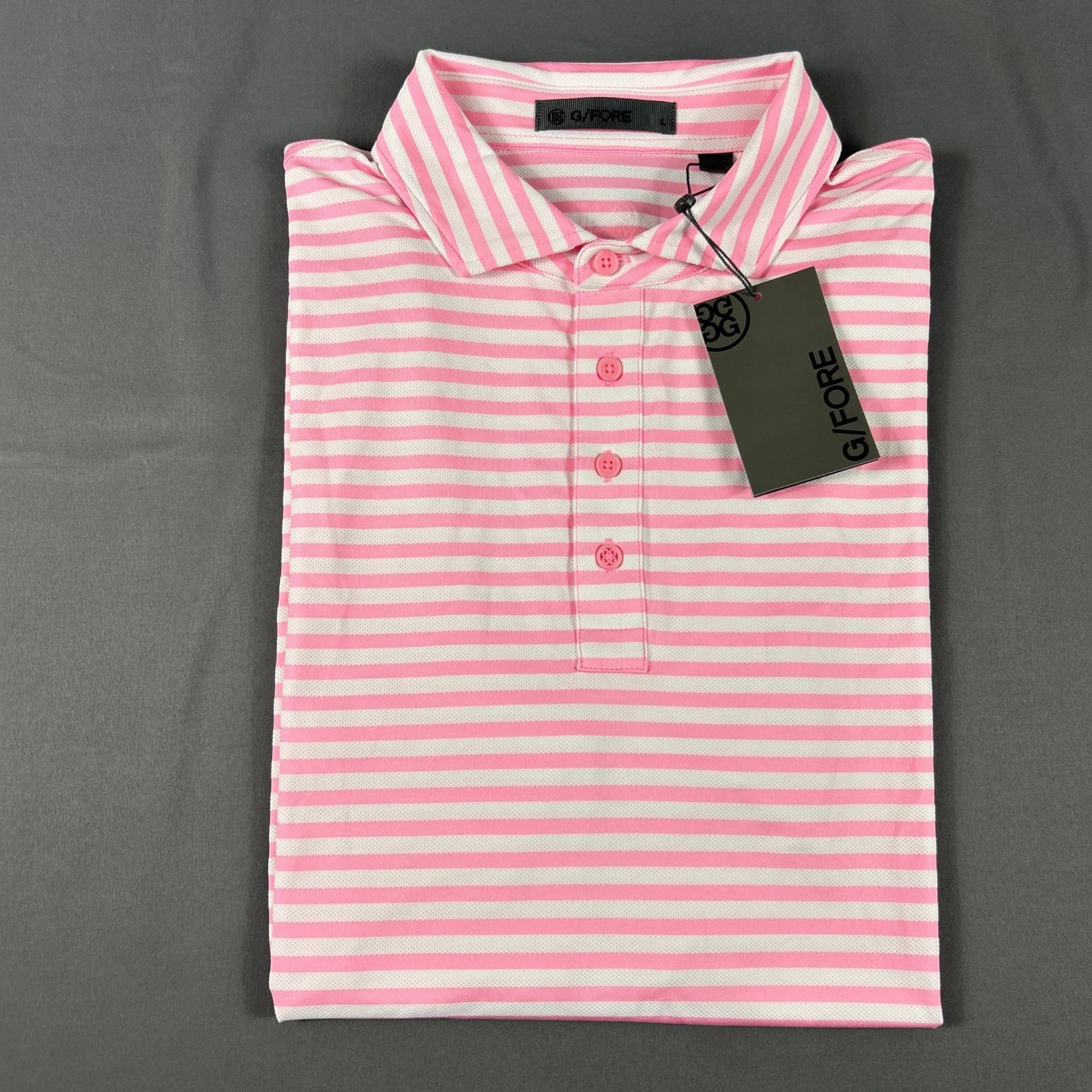 G/Fore G4 Golf Shirt Polo Striped Large Pink Polyester Spandex NWT MSRP $110