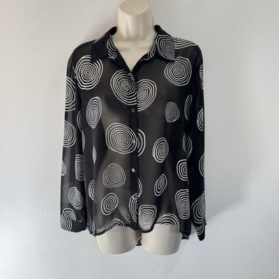 Chico's Blouse Shirt 1 / M Button Front Sheer Chiffon Black White Swirl Artsy