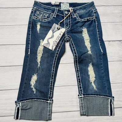 L.A. IDOL Jean Capri Thick Stitch CZ Studded Embellished Size 5 NWT Distressed