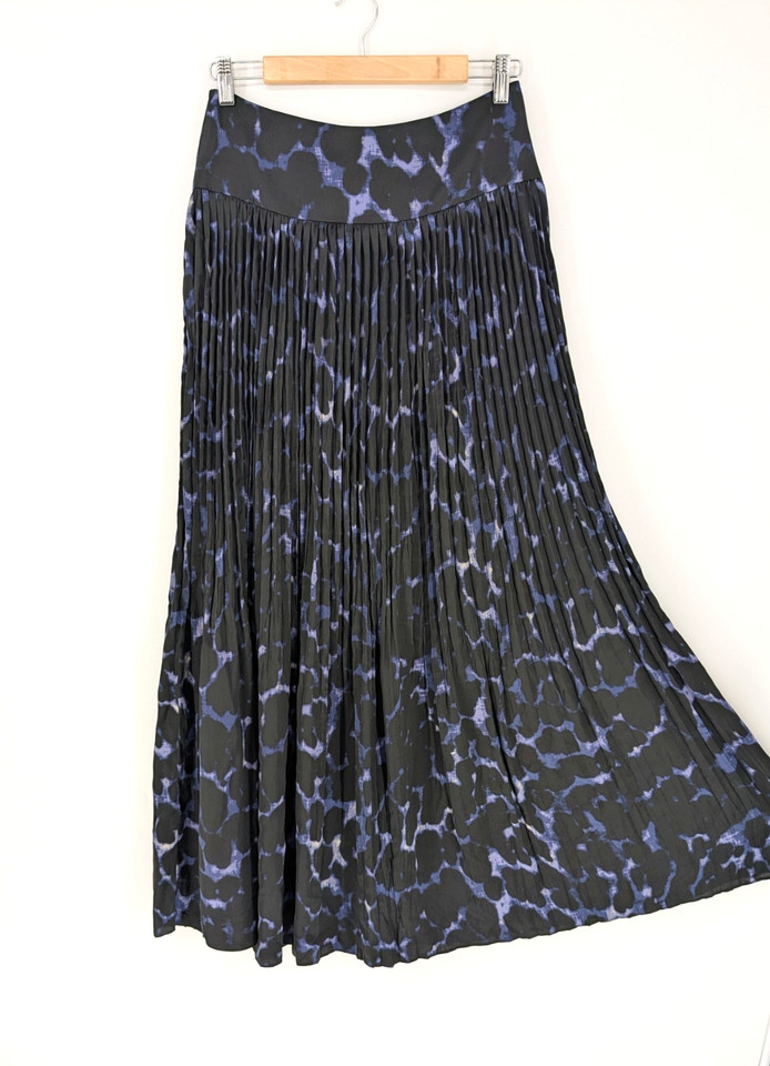 Veronika Maine Pleated Maxi Skirt Sz 8 Long Black Purple Print High Waisted