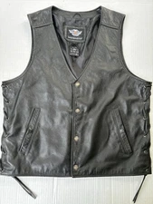 Harley Davidson Men's L Genuine Cowhide Leather Snap Vest Spell Out Stitched Blk