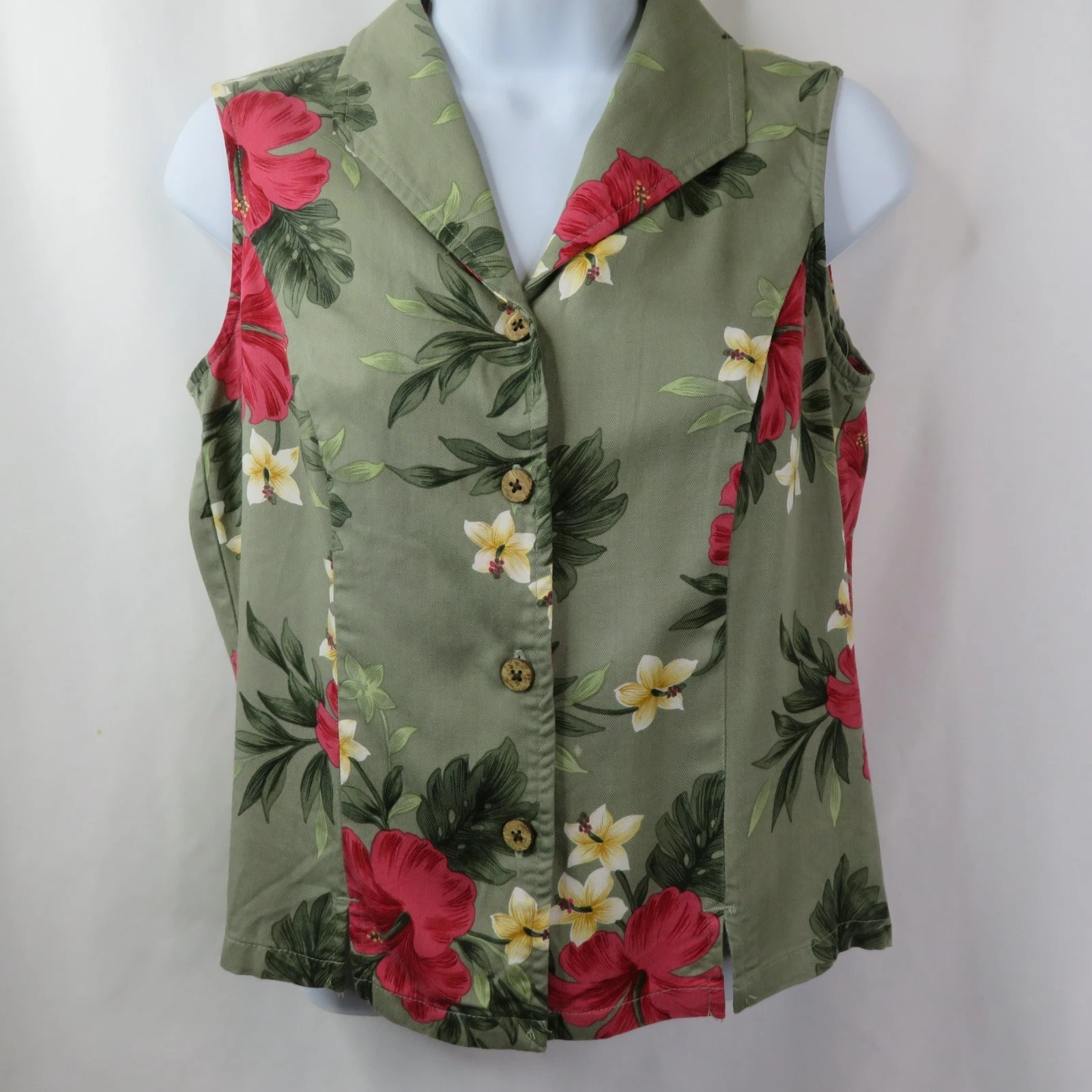 Havana Jack's Cafe Hawaiian Shirt Womens PM Fitted Sleeveless Blouse Top Floral