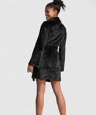 NWT VICTORIA SECRET  PINK Logo  Black Plush Bath Robe M/L