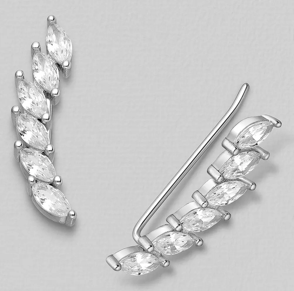 Solid Sterling Silver Marquise CZs Ear Pin Cuff Crawler Climber Earrings 2.91g