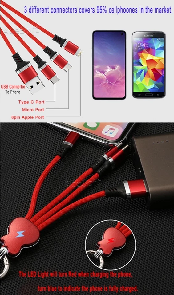 Fast Charging Portable 3in1 Micro USB-C 8Pin Key Ring Cable for Samsung LG Phone - Image 3 of 4