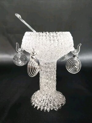 Clear Glass Punch Bowl Figurine W/ 5 Mini Cups Ladle Hand Blown Glass Figure New